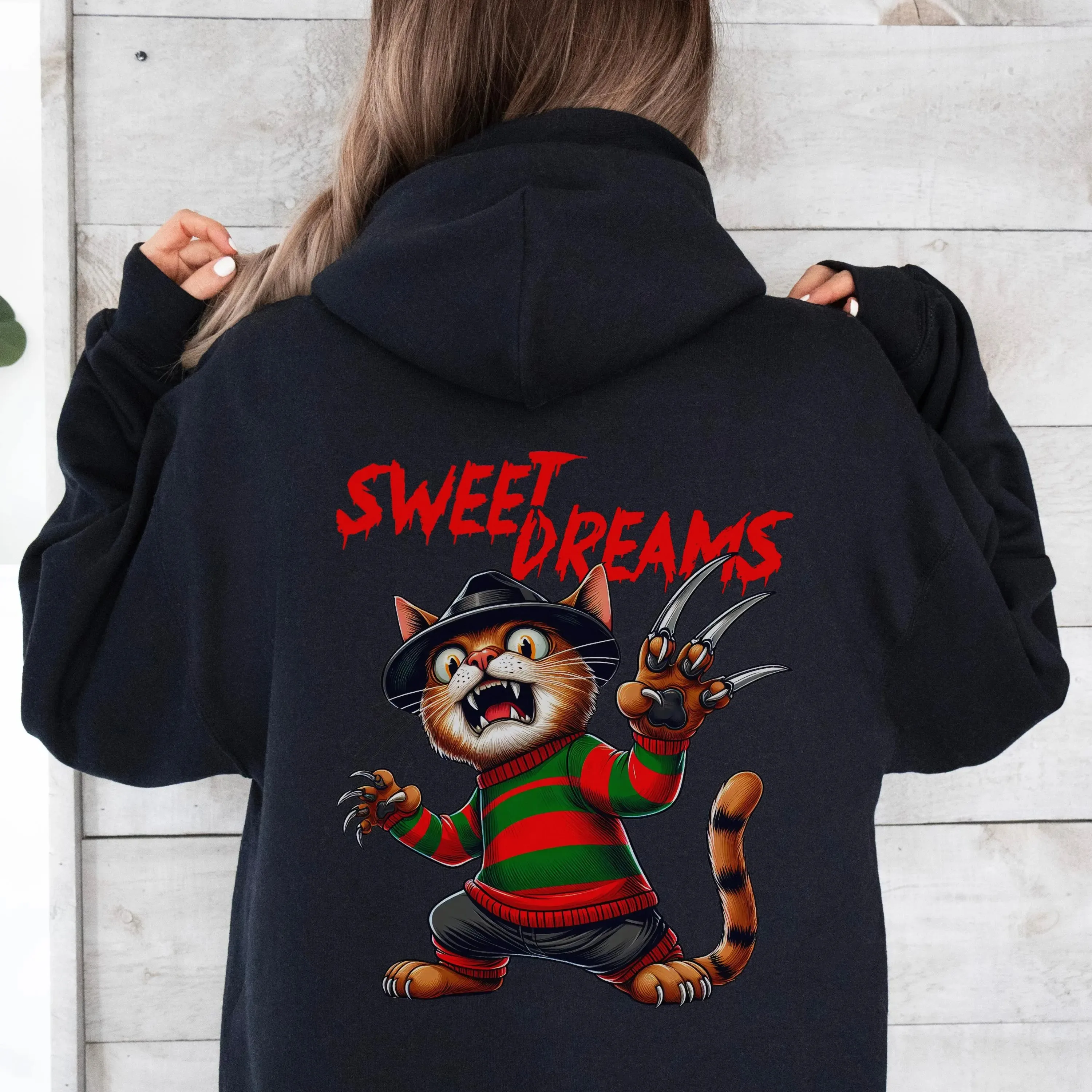 

"Sweet Dreams" Cat Printed Cotton Hoodie Fun and Edgy Sweatshirt for Horror Fans Design Unique Horror - Themed Sweatshirt