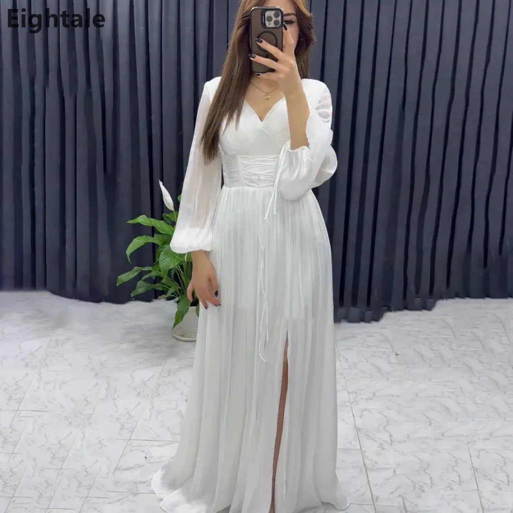 

Eightale 2026 V Neck Long Sleeve White Silk Maxi Evening Dress Pleated Formal Prom Dress Dubai Wedding Party Gown Customized