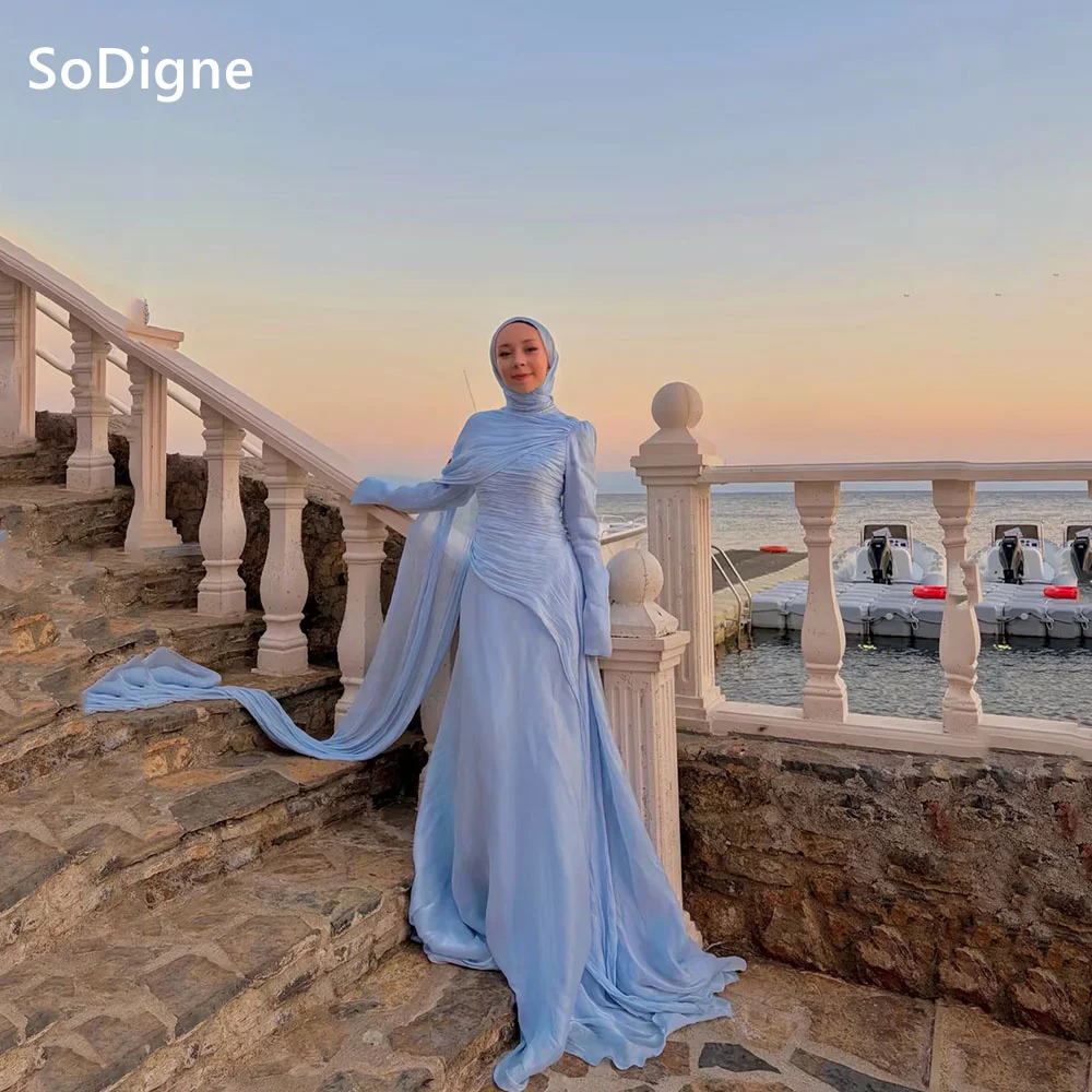 SoDigne Baby Blue Satin Modest Hijab Long Sleeve Evening Gown Ruched Bodice Draped Train Formal Prom Party Dress Elegant Evening