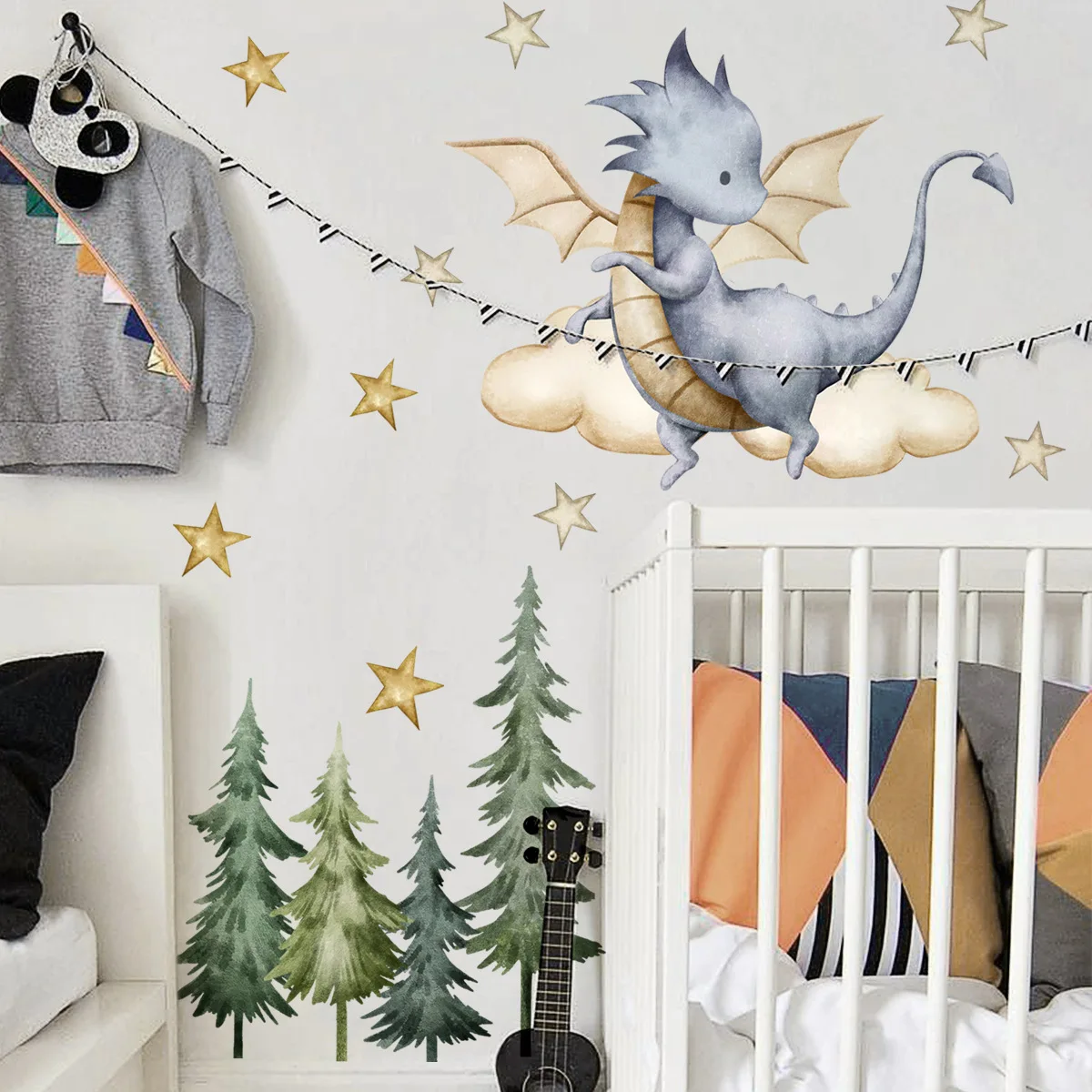 Cartoon Dinosaur Pine Tree Star Wall Sticker Removable Self-Adhesive Baby Dragon Wall Decals for Kids Room Boys Bedroom Decor