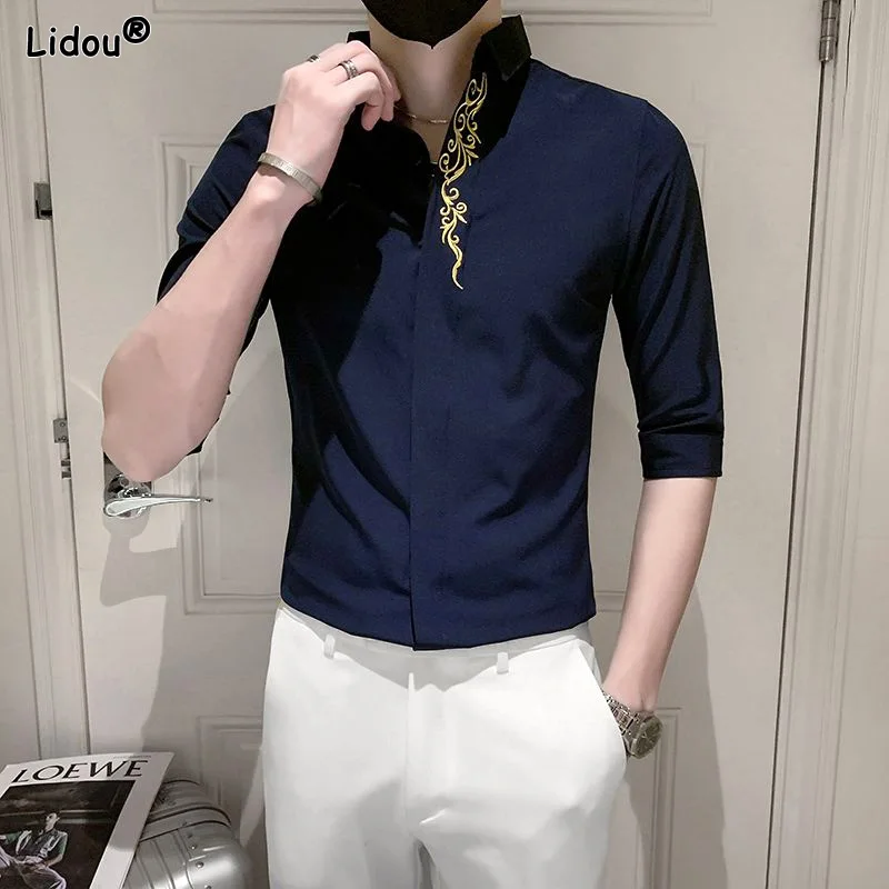 

Solid Business Casual Turn-down Collar Button Embroidery Shirts Handsome Fashion Formal Office Spring Summer Thin Men's Clothing