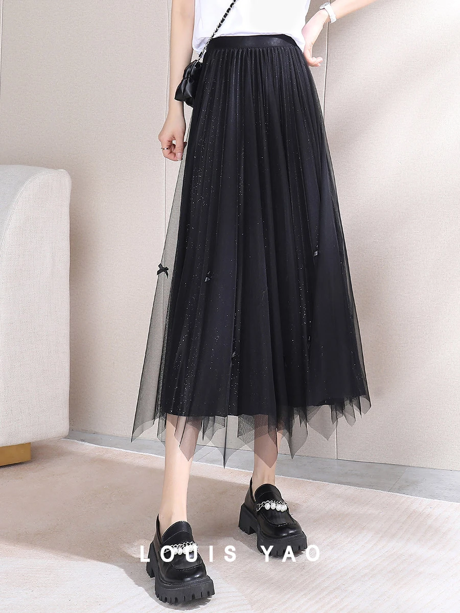 

LOUIS YAO Women Skirt 2024 Spring and Summer Bow Mesh Skirt Elegant Sweat A-line French Style Irregular Black Skirt