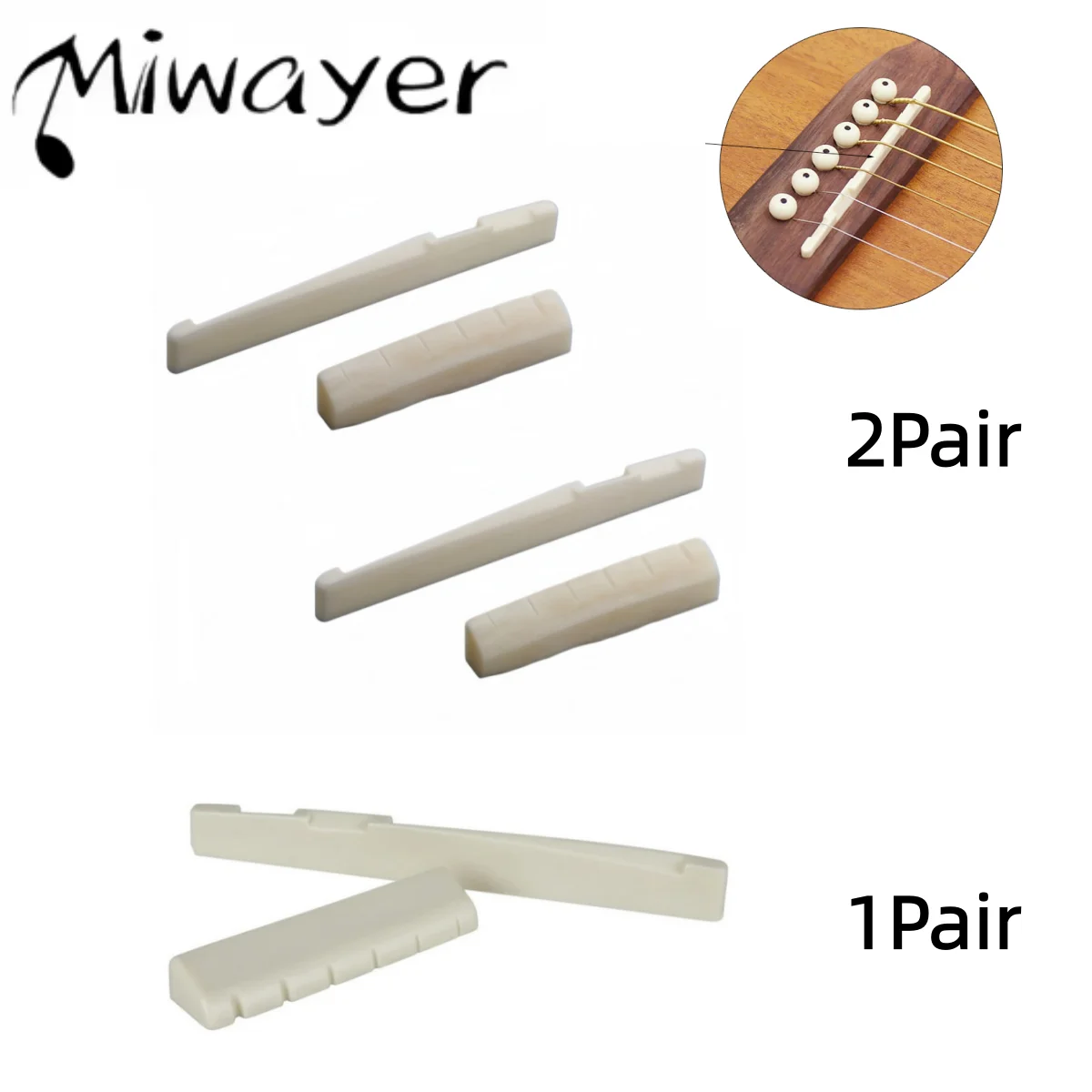 Miwayer – Selle et chevalet de pont en os pour guitare acoustique 6 cordes, 1/2 paire, ensemble en os de vache véritable blanc pour remplacement et accessoires de guitare