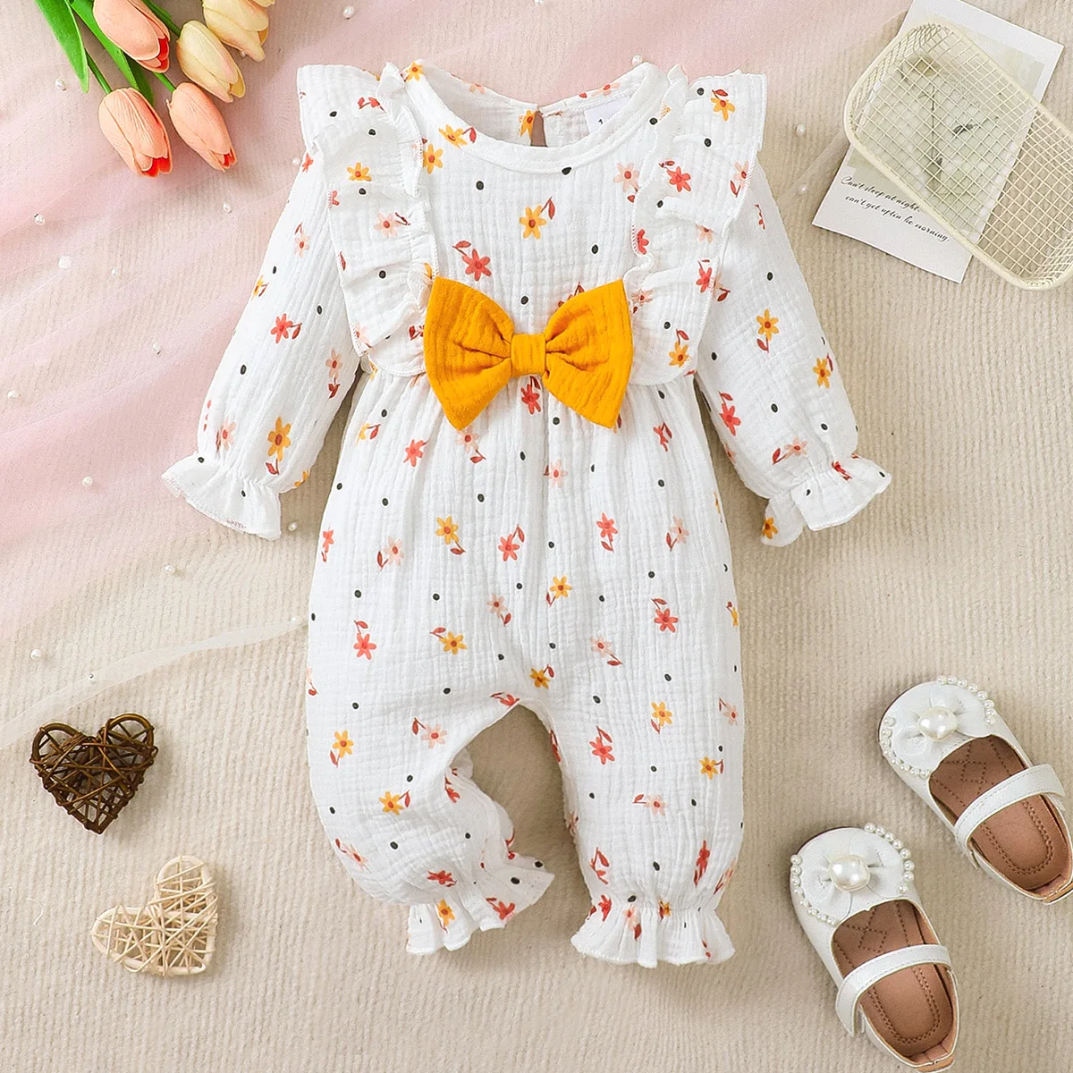 Baby Girl Jumpsuit Ruffle Small Broken Flower Long Sleeved Jumpsuit Cute Baby Girls Spring Autumn Pure Cotton Comfort Clothing
