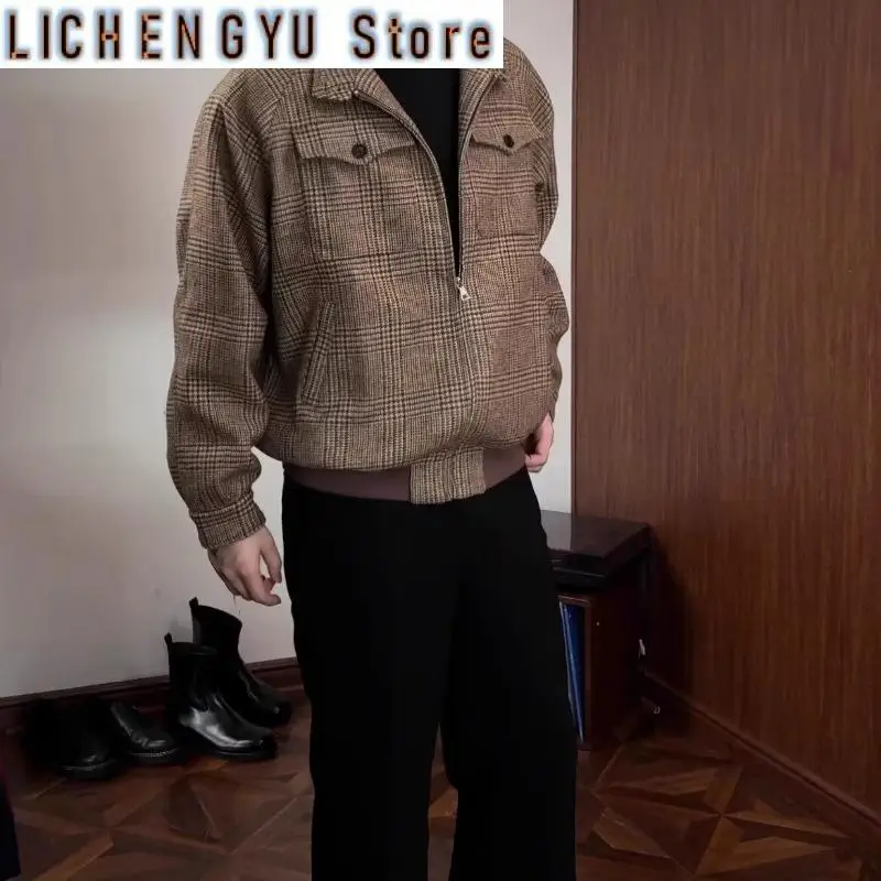 Brown American High Street Men Jacket 2025 Autumn Checkered Color and Blocked Simple Male Coats Multiple Pockets Tooling Outwear