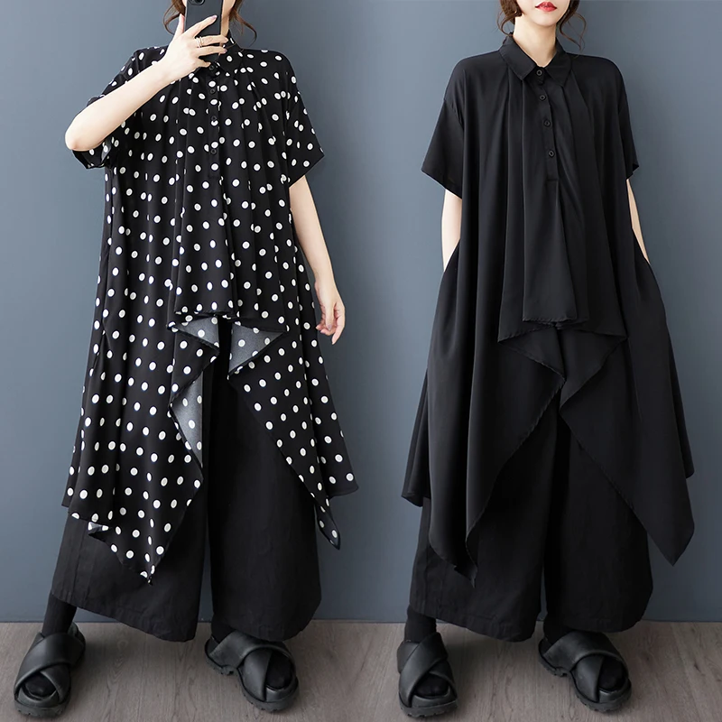 

Summer New Style Fashion Wind Pleated Chiffon Shirt Asymmetrical plus Size Loose Slimming Mid-Length Top Women's Clothing