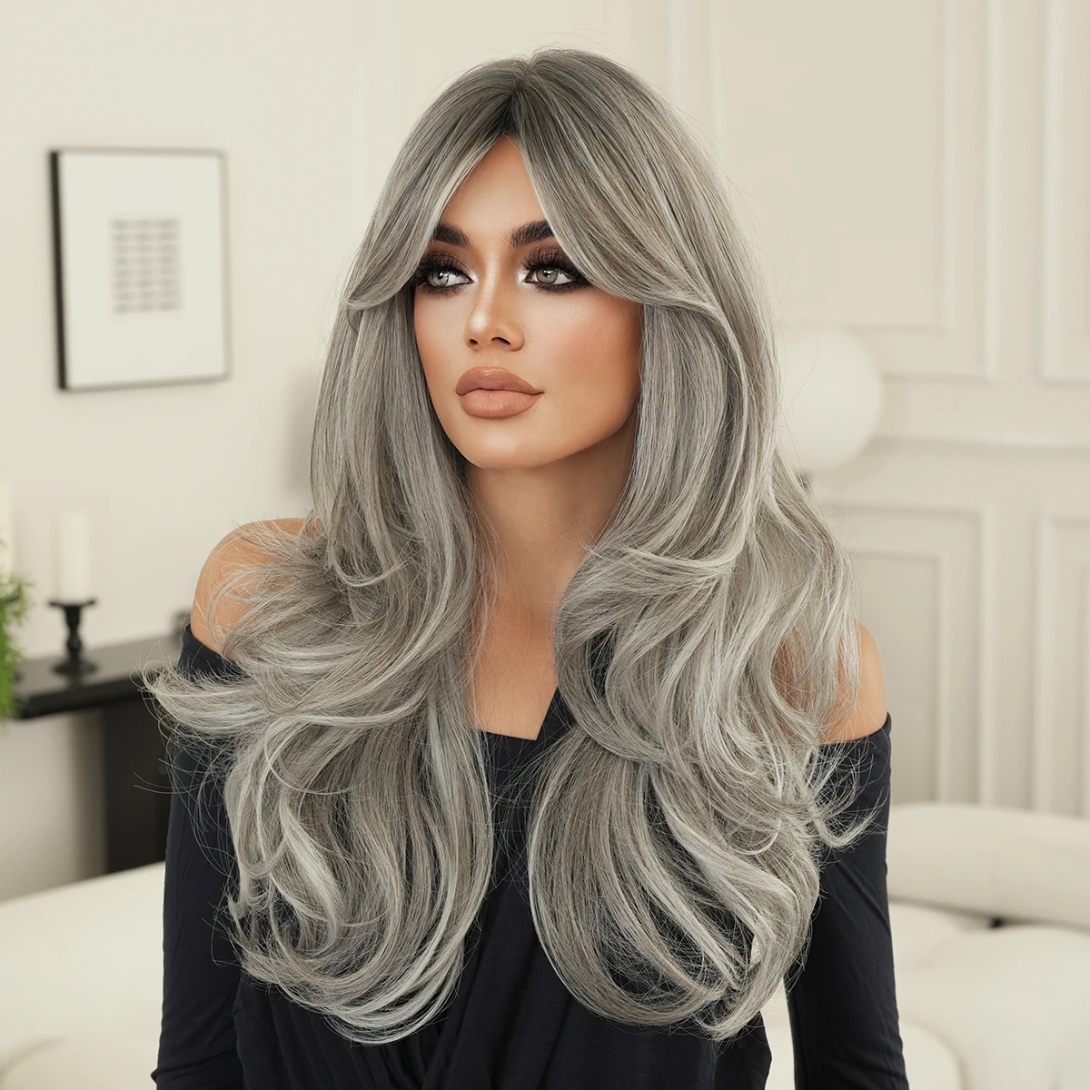 7JHH WIGS Long Straight Ash Wig for Women High Density Synthetic Modest Fashion Middle Part Wear and Go Gray Wigs with Dark Root