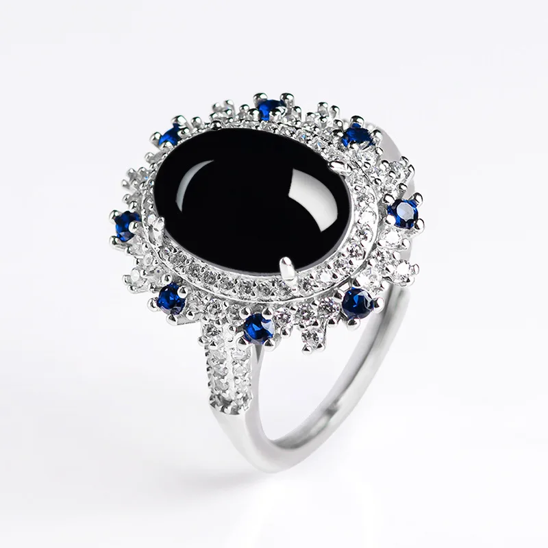 S925 Silver Natural A Goods Jade Ring Black Jade Inlaid with Sapphire Upscale Women's Adjustable Amulet Luxury Elegant Jewelry