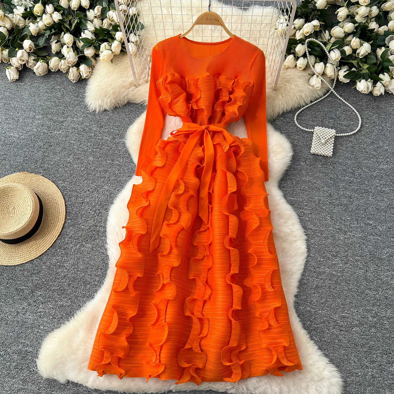 

Ruffles Luxury Maxi Dresses High Quality Long Sleeve O Neck Lace Up Design Folds Solid Senior Elegant Women Dress
