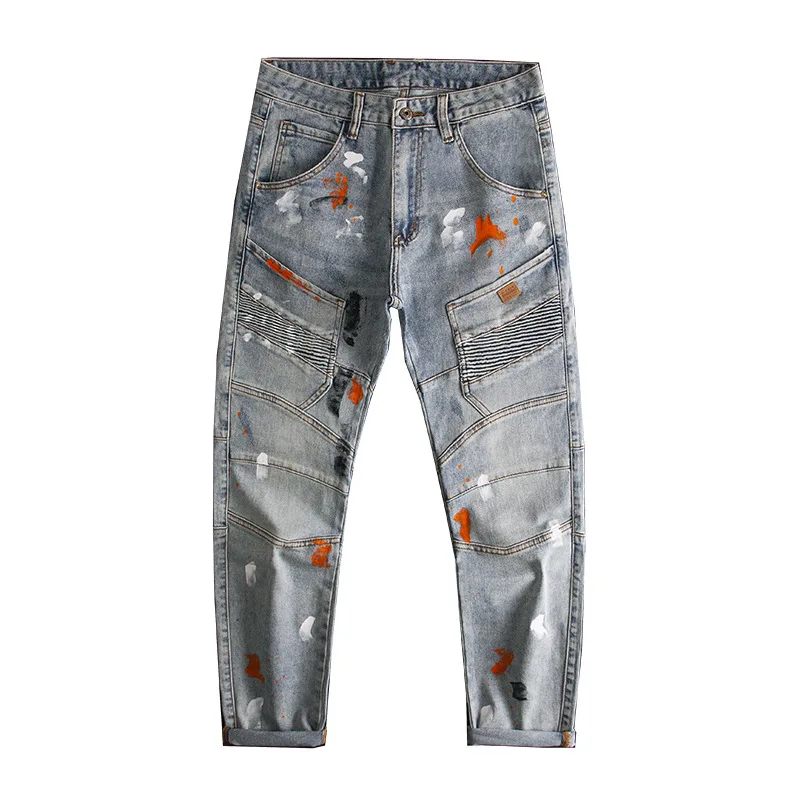 2025 New Graffiti Splash Ink Splicing Jeans for Men, Slim Fit, Small Feet, Elastic, Nostalgic, Heavy Weight Denim Pants