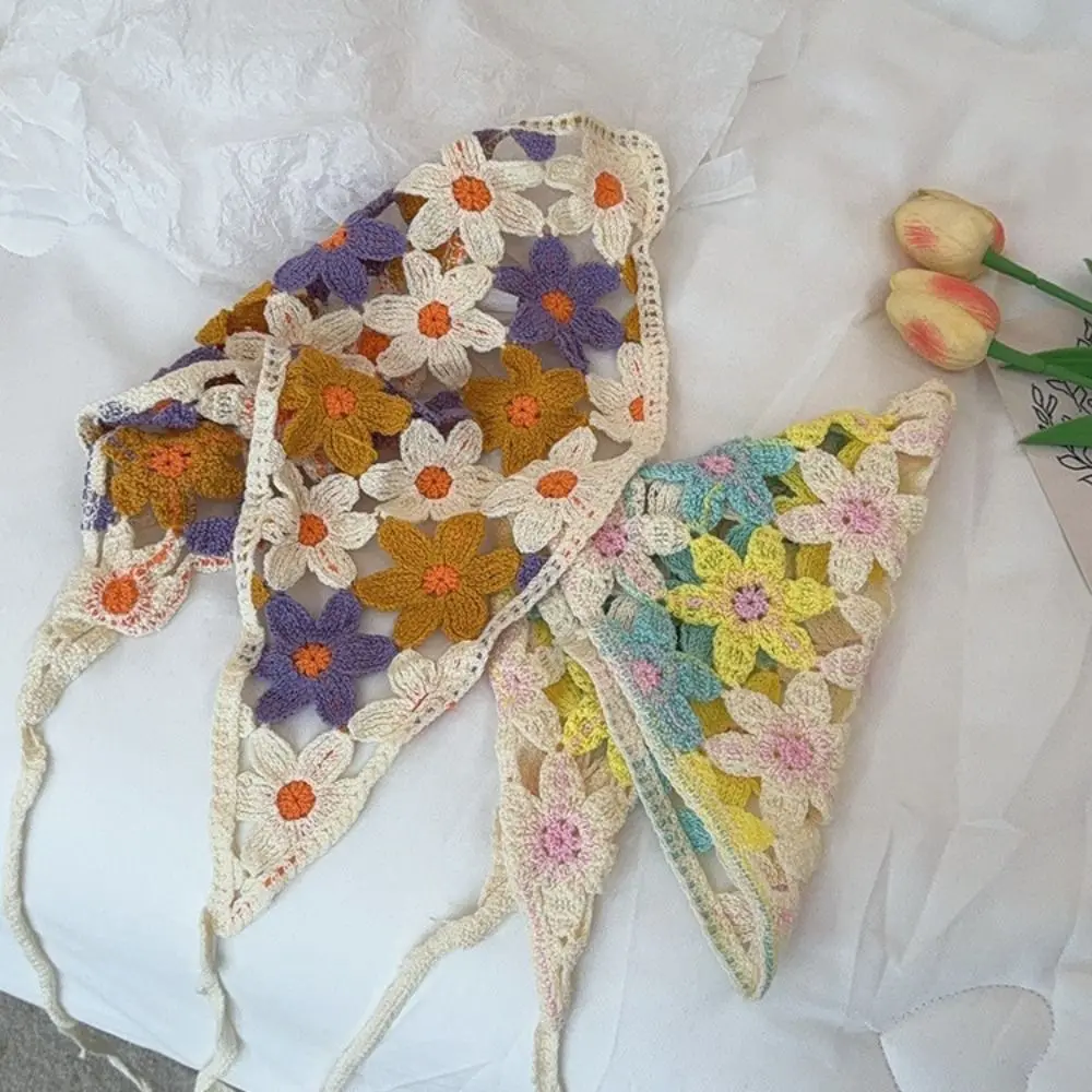 

Multicolor Knitting Flower Headband Little Daisy French Retro Triangular Turban Scarf Photo Props Travel Beach