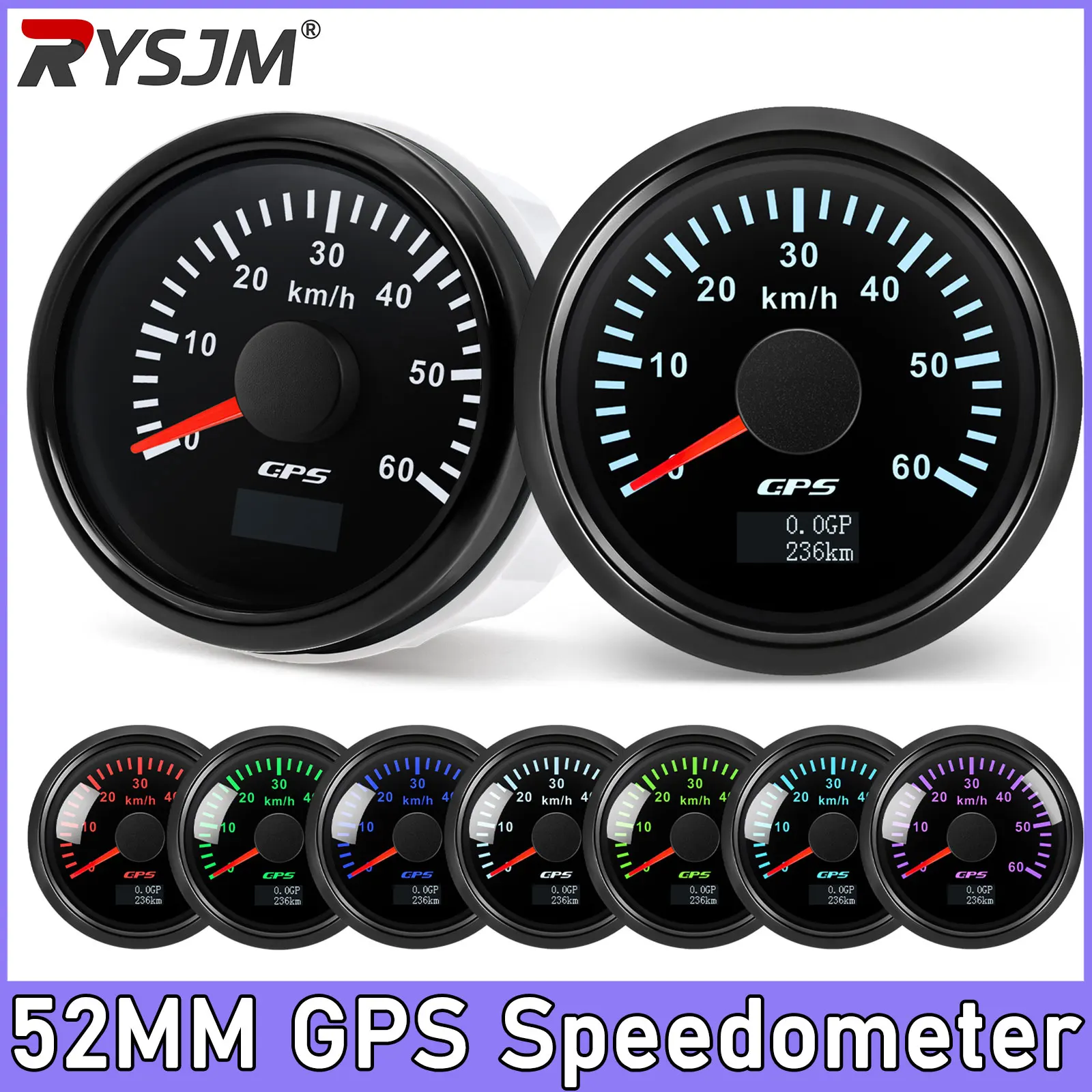 52mm GPS Speedometer 60KMH 0-60 Km/h Odometer Antenna with Trip Meter for Passenger Ships Tractor 12V 24V 7 Colors Backlight