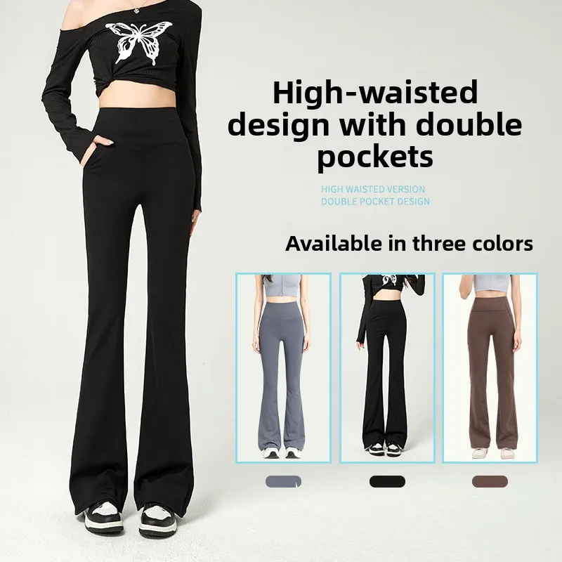 High Waist Bell Bottom Shark Skin Pants Women's Outerwear Spring Summer Thin Base Layer Pants Casual Long Pants Polyester Spa...