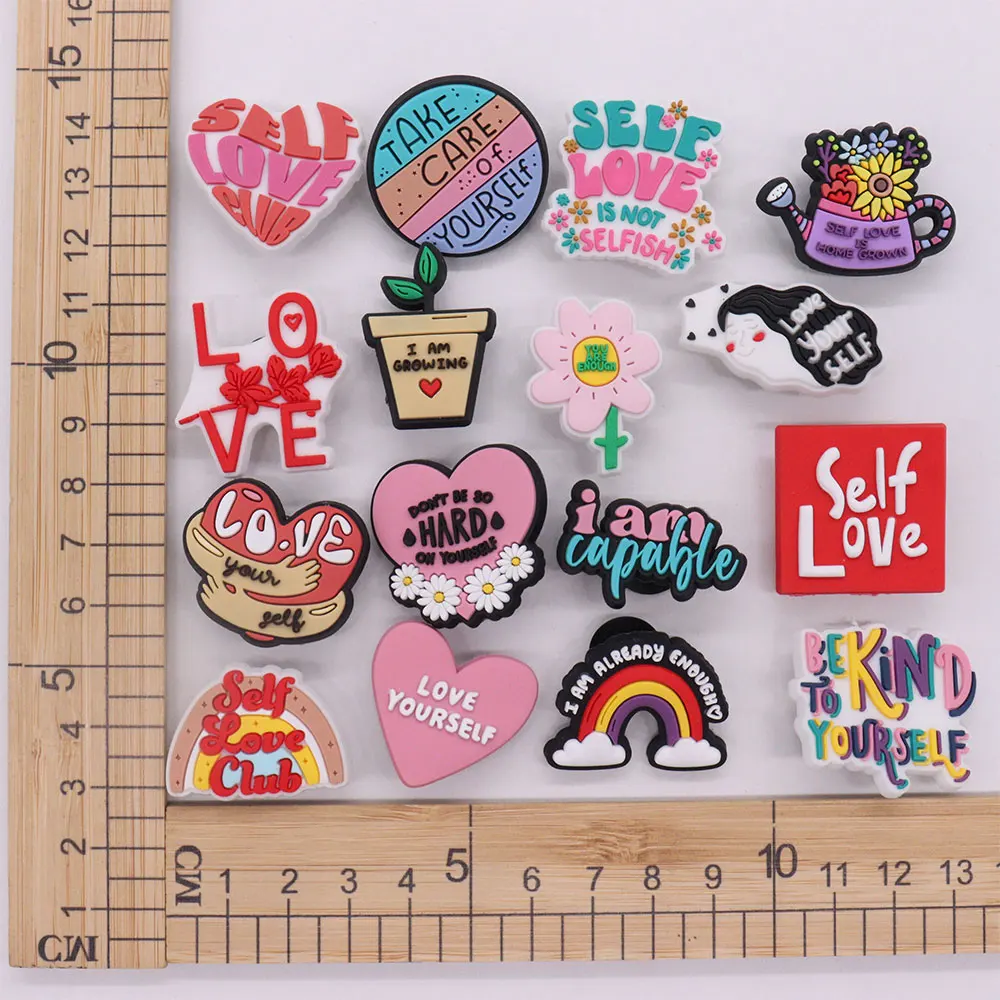 1-16Pcs PVC Self Love Is Not Selfish I'm Growing Shoe Buckle Decorations Girls Designer Charms Fit Party Present