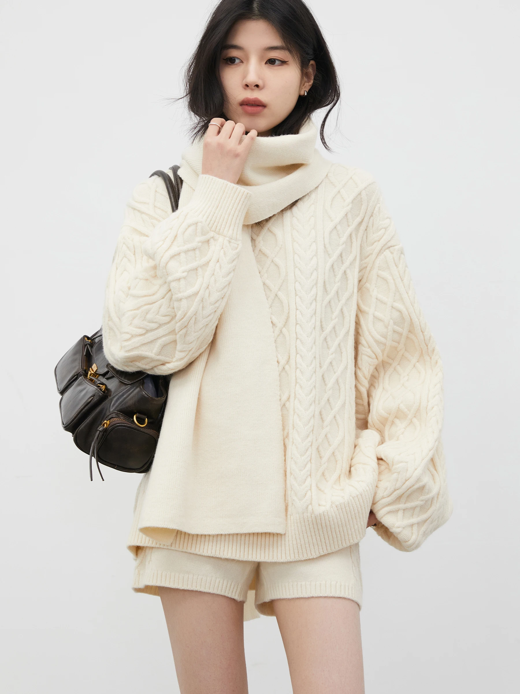 

Loose Knitted Sweater ort Pants And Scarf Tee-Piece Set round Ne Twist Yarn Women's Faion Ensemble Spring Casual Wear