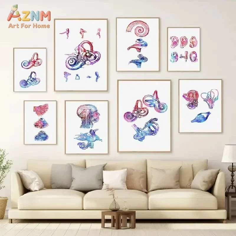 AZNM Watercolor Inner Ear Anatomy Canvas Print Colorful Human Cochlea Auditory System Medical Science Minimalist Clinic Wall Pos