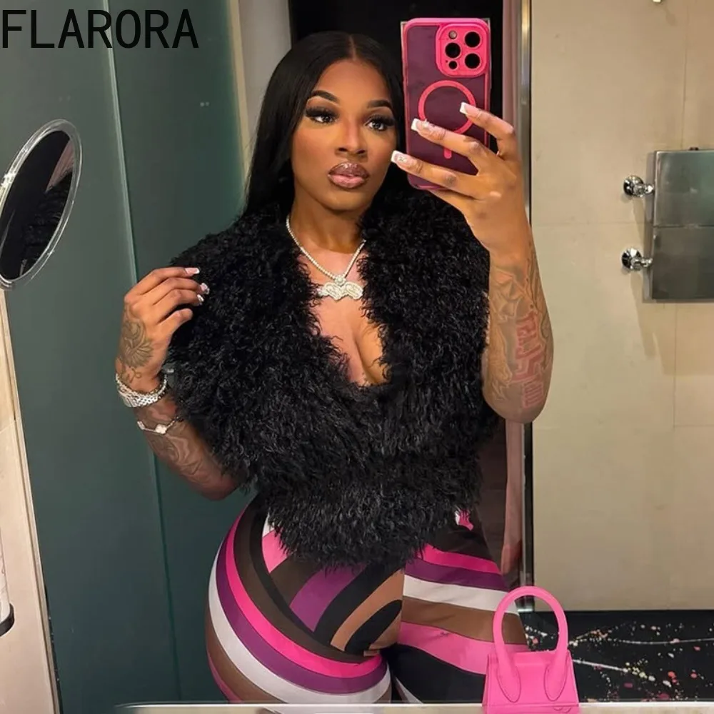 سترات نسائية مثيرة من الفرو مُزينة بقصة ضيقة من FLARORA سترات نسائية عميقة على شكل حرف V بدون أكمام بدون ظهر بأشرطة ملابس خريفية للسيدات ملابس خروج