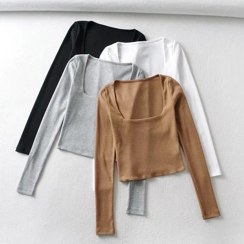 

New Women Simply Square Collar Long Sleeve Chic Camis Tank Ladies Knitted Vest Slim T-shirt Casual French Elegance Crop Tops