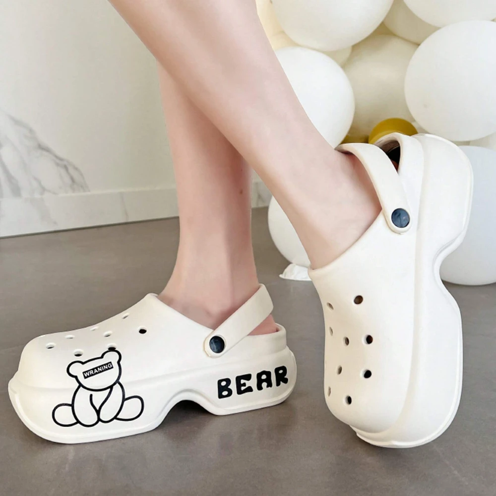 Fashionable Women Cute Cartoon Bear Pattern Eva Super Comfortable Anti-Skid Casual Personality Suitable High Heeled Hollow Shoes