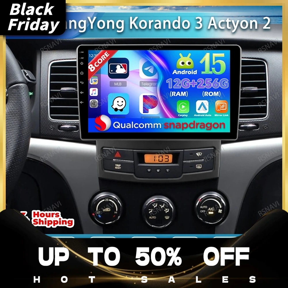 Car Radio Android 15 For SsangYong Korando 3 Actyon 2 2010 2011 2012 2013 Stereo Wireless Carplay Auto Navigation BT GPS 4G LTE