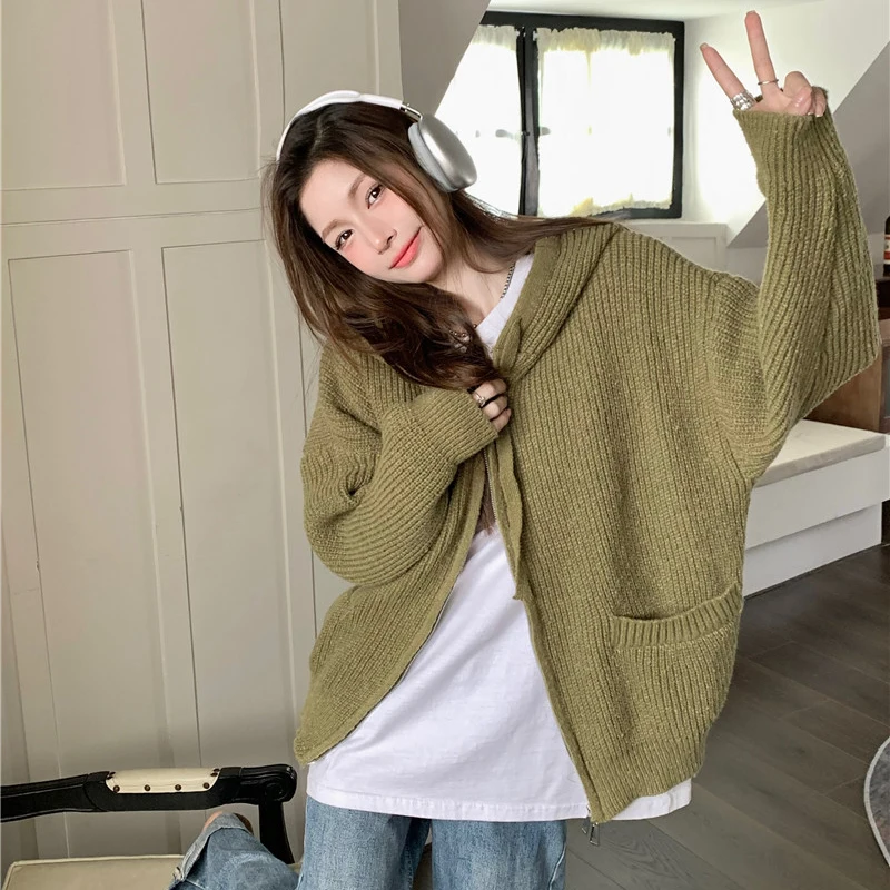 Autumn Winter New Green Knitted Cardigan Women Korean Fashion Loose Long Sleeve Hooded Zipper Sweater Coats Woman