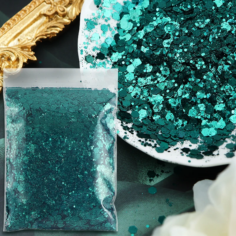 50g Emerald Dark Green Resin Filling Pigment Mixed Hexagon Glitter Powder For Epoxy Resin Filler Christmas Glitter Silicone Mold