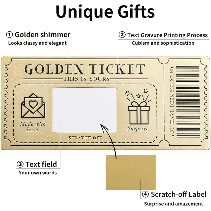 

6 Pieces Golden Ticket Scratch-off Cards With Envelopes, Scratch & Reveal Surprise Ticket For Writing Your Own Special