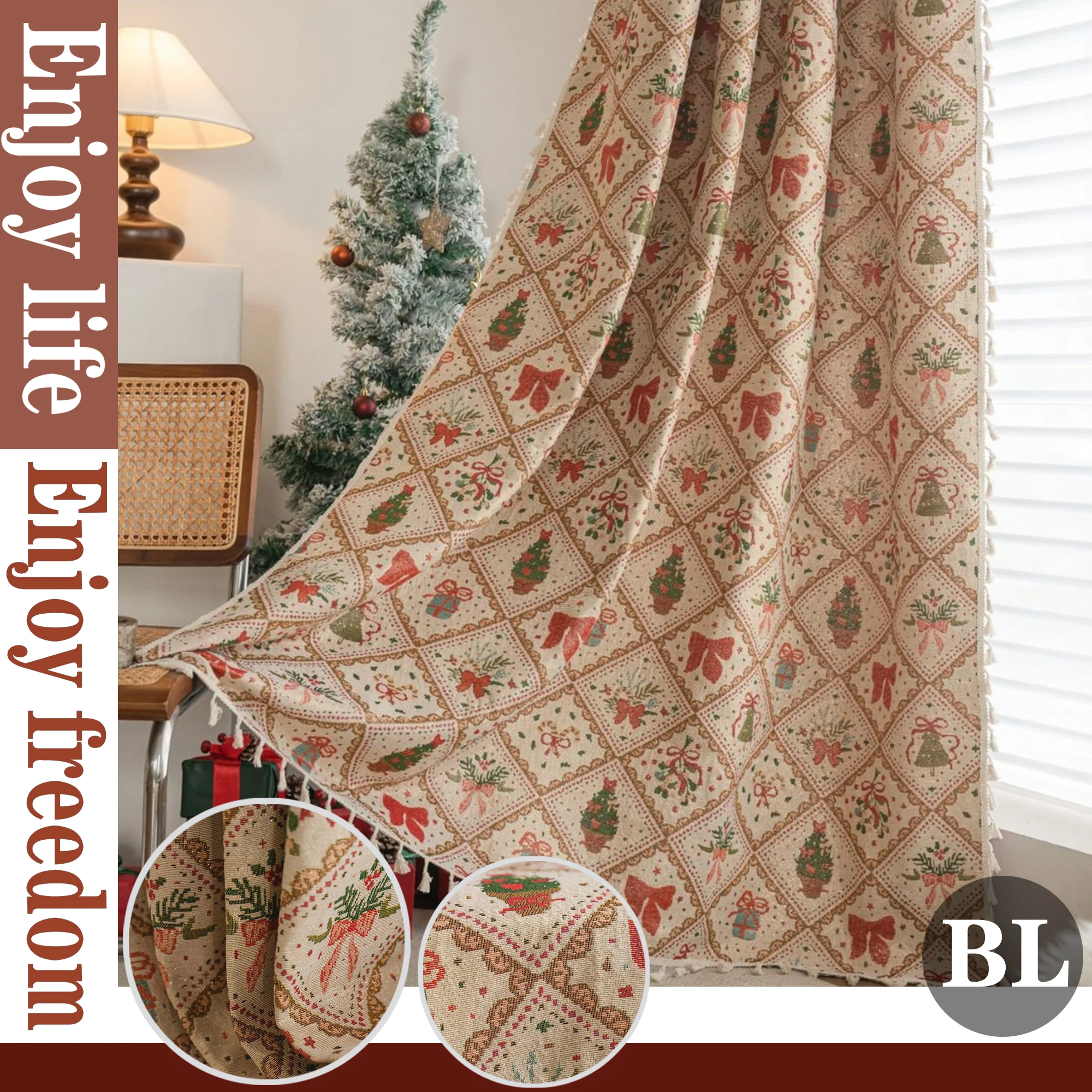 

1pc French Retro Christmas Tassels Edge Curtain Thickened Semi-Blackout Living Room Bedroom Kitchen Home Decoration Curtains