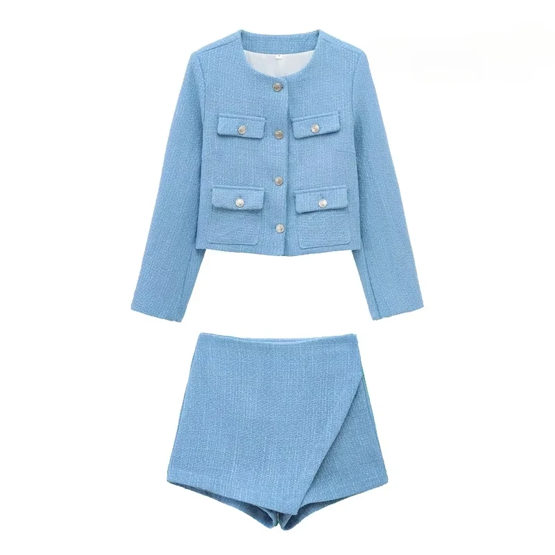 Sivatu 2025 New Tweed Two-Piece Set Women Casual Loose Blazer Mini Skort Pocket Decor Spring Fall Date Outfit