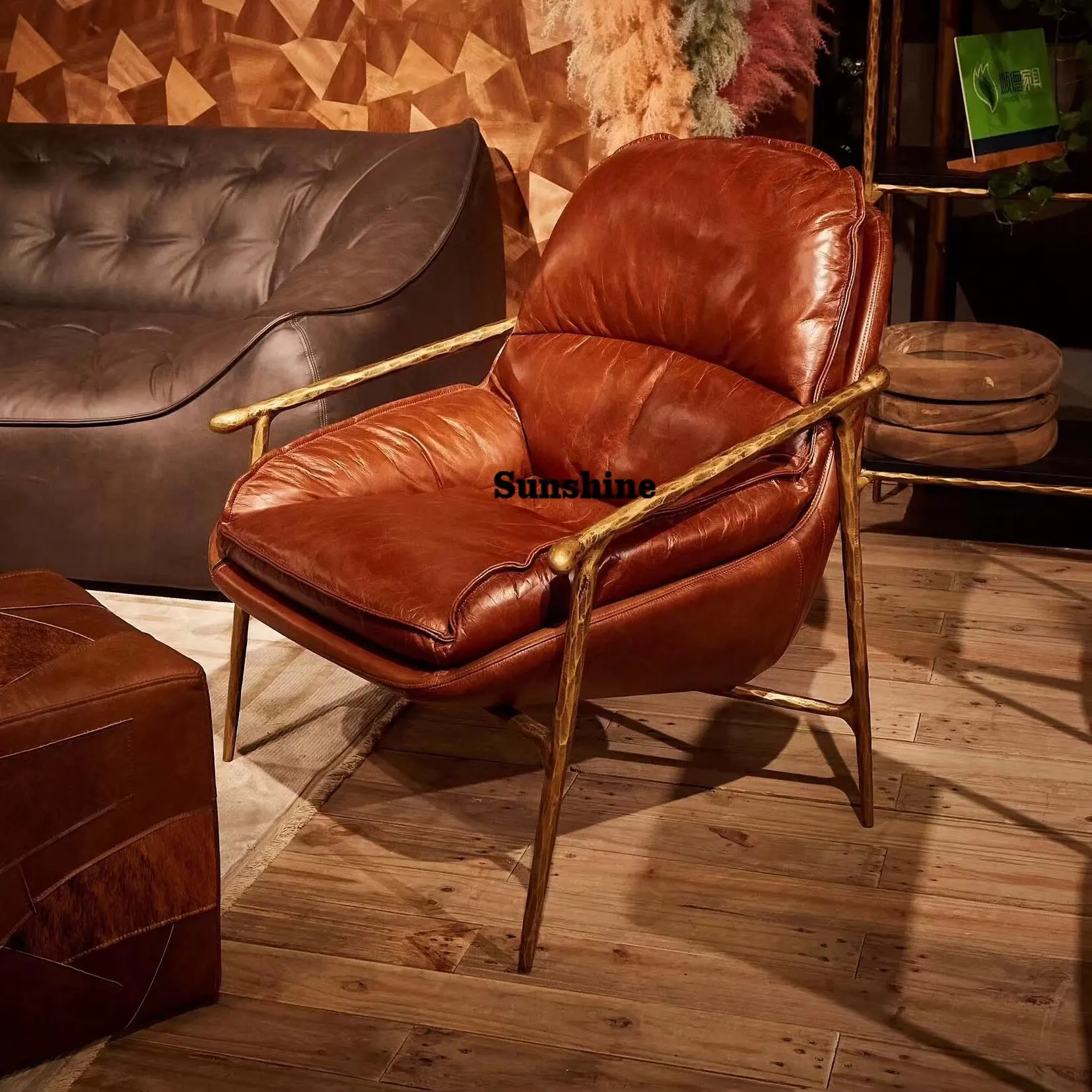 

French vintage lounge chair wabi-sabi vintage oil wax leather lounge sofa chair