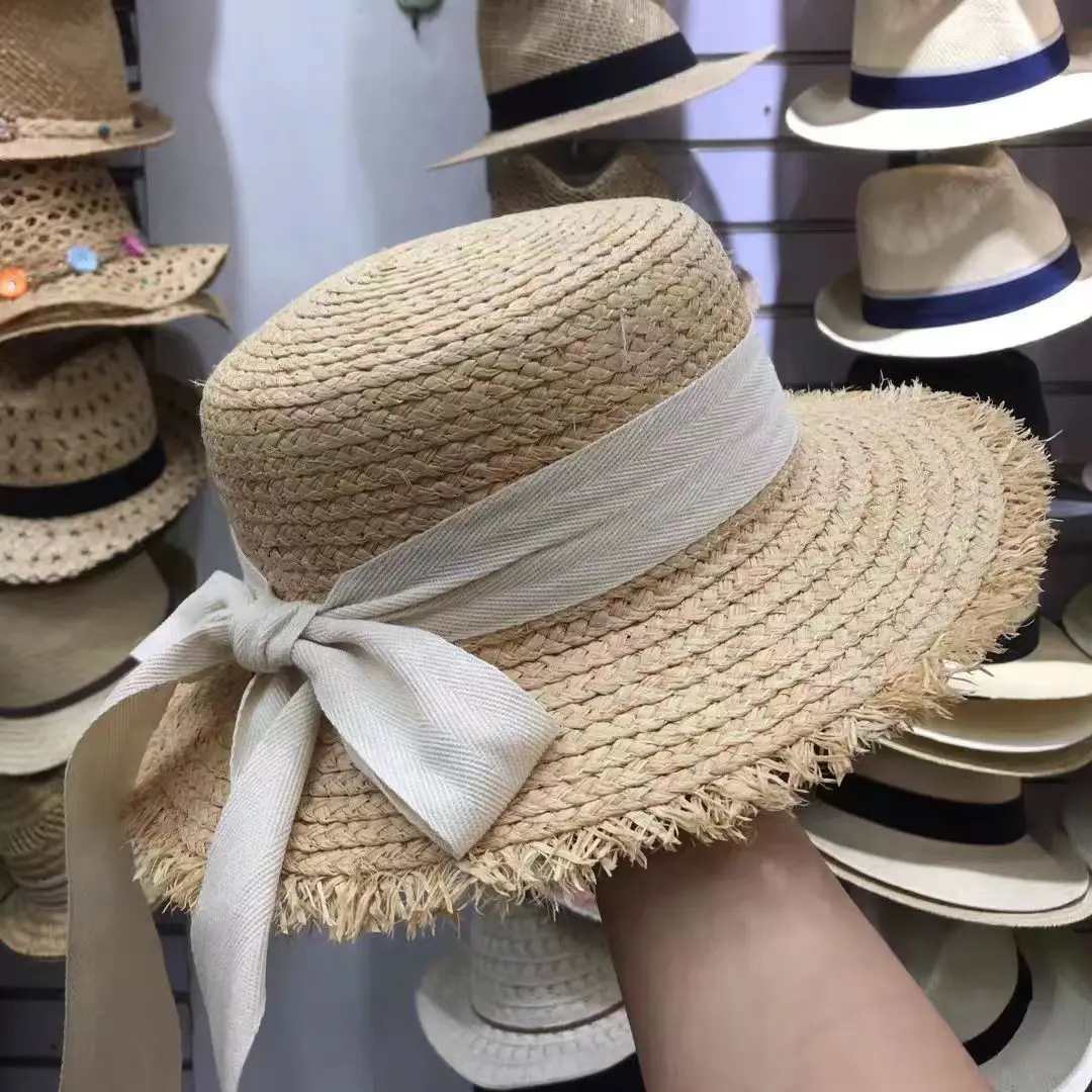 Mode handgemachte 100% natürliche Bast Dame Top große Krempe Strohhut Strand Mädchen Urlaub Panama Sonnencreme atmungsaktive Sonnenhut Großhandel – Detail 18