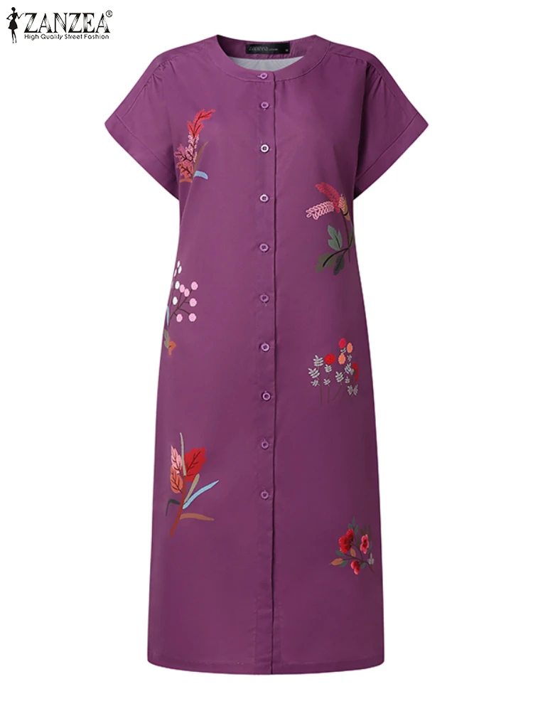ZANZEA Damskie sukienki midi w kwiatowe wzory, eleganckie sukienki z dekoltem typu O, krótkim rękawem, zapinane na guziki, dopasowane, wiosenno-letnie ubrania damskie, rozmiar 3XL
