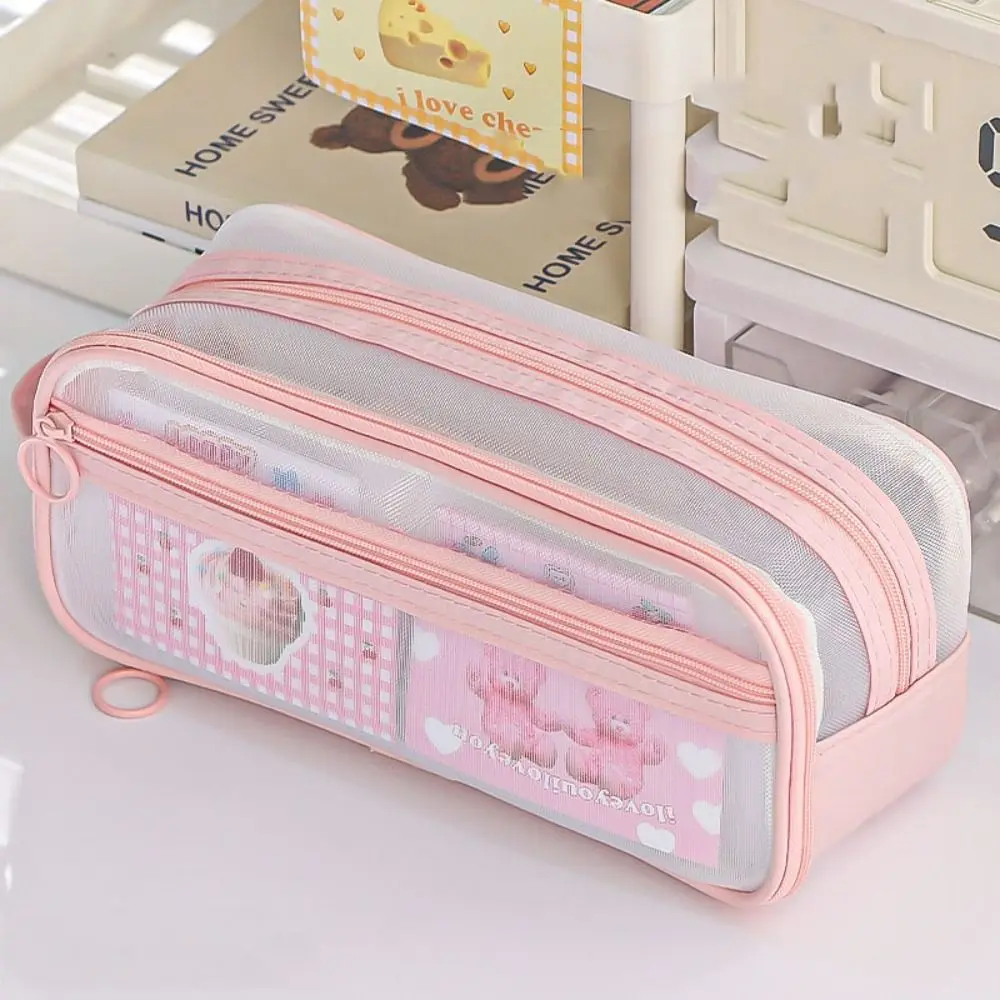 Large Capacity Transparent Mesh Pen Bag Transparent Zipper Stationery Pen Case Solid Color Double-deck Pen Storage Bag