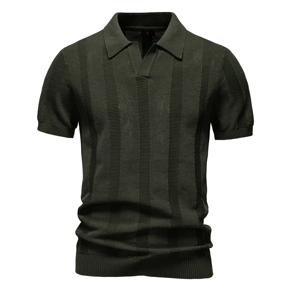 2026 Summer New Fashion Men's Striped Polo Shirts Turn-down Collar Short Sleeve Solid Color Casual Trendy Hollowed Out T-shirts