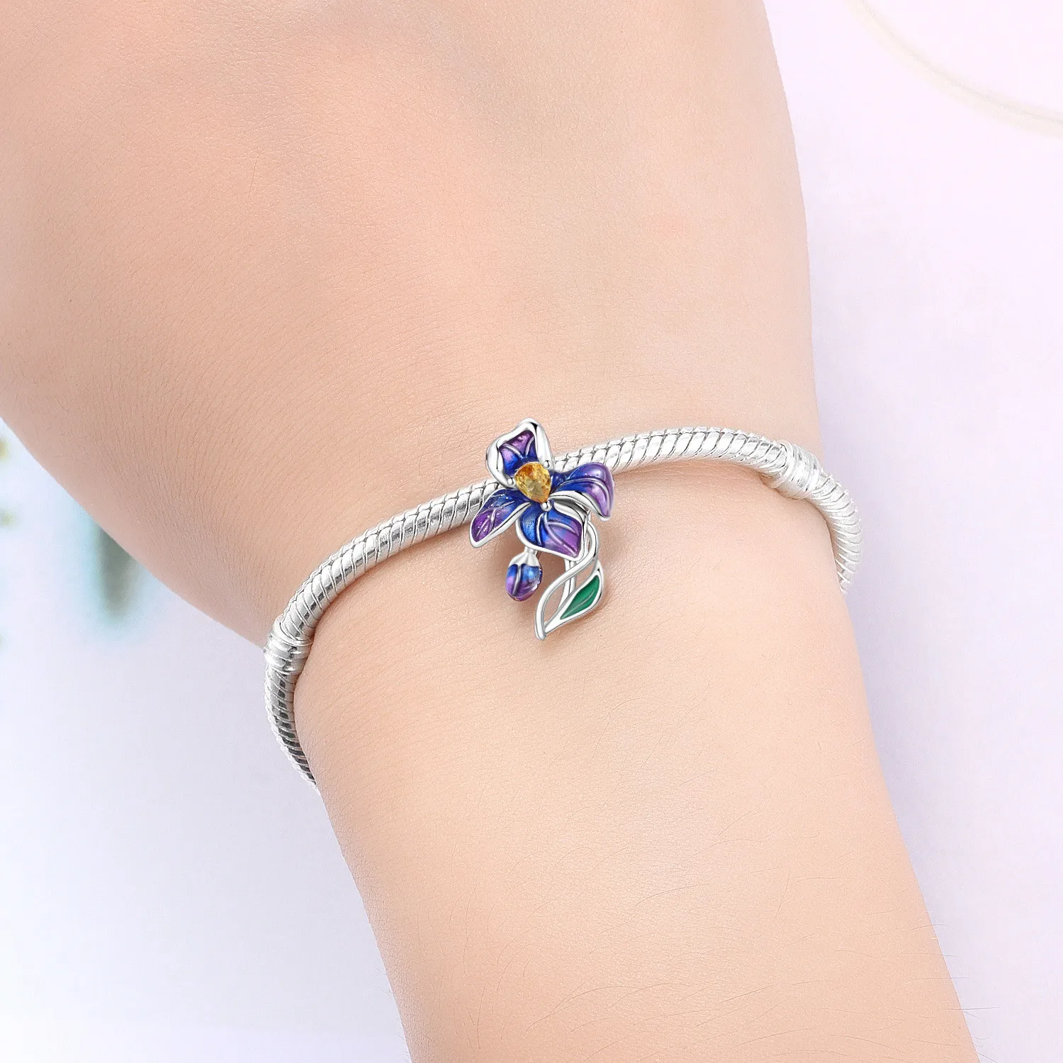 PANPOKI 925 فضة الأزرق الأرجواني القزحية زهرة الخرز المعلقات الأصلية سوار حلية مجوهرات حفلة لتقوم بها بنفسك الهدايا العصرية #4