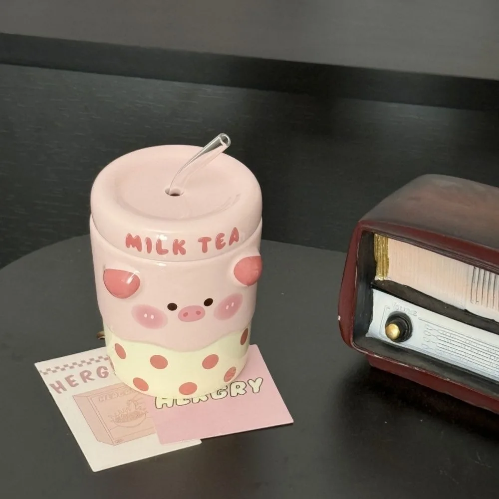 

Pink Piggy Straw Mug with Lid, 500ml Ceramic Birthday Gift Creative Cup High Value Gift Christmas Gift Drinkware
