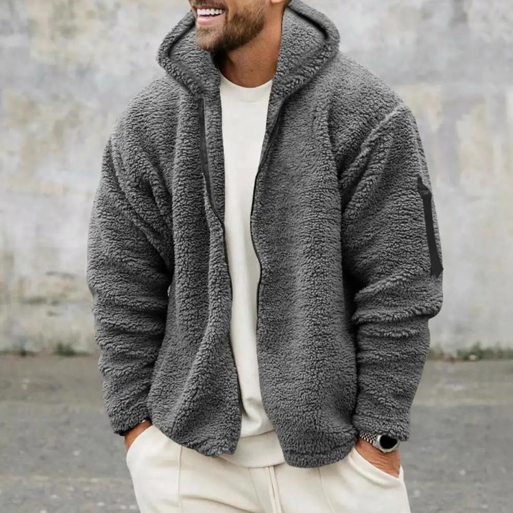 Men Fall Winter Coat Thick Plush Hooded Coat Zipper Closure Loose Cardigan Warm Cold Resistant Soft Men Jacket