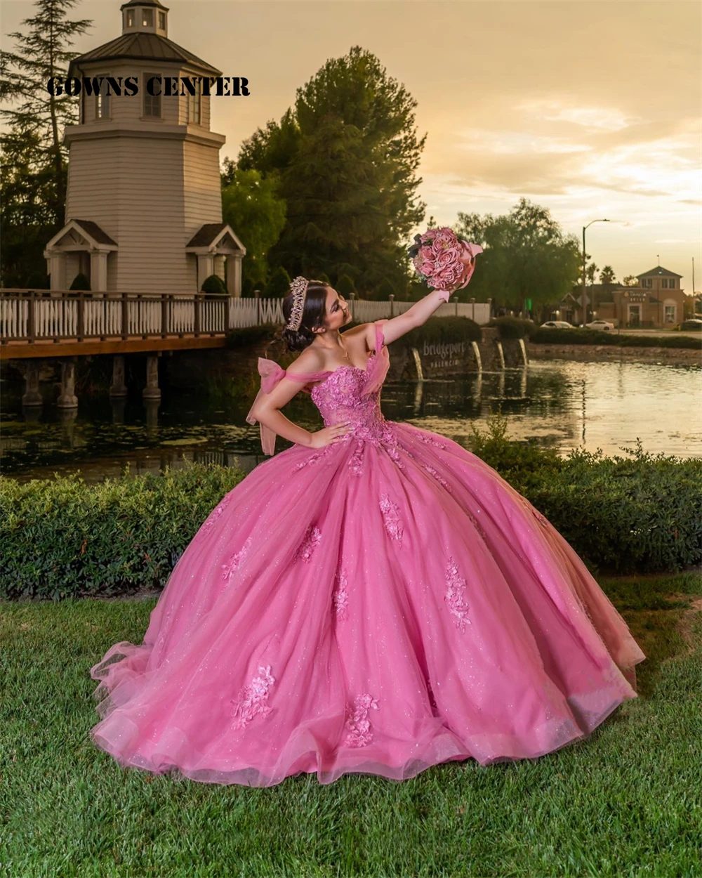 Vestidos Quinceanera fora do ombro, vestido de baile, vestido de festa, vestido de formatura, Lace Applique rosa escuro, 15