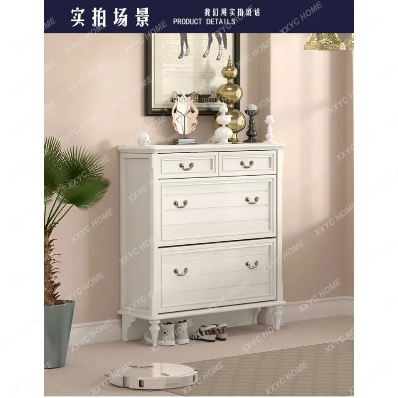

L*All-pure solid wood cream style small apartment entry short style door ultra-thin tipping bucket shoe cabinet