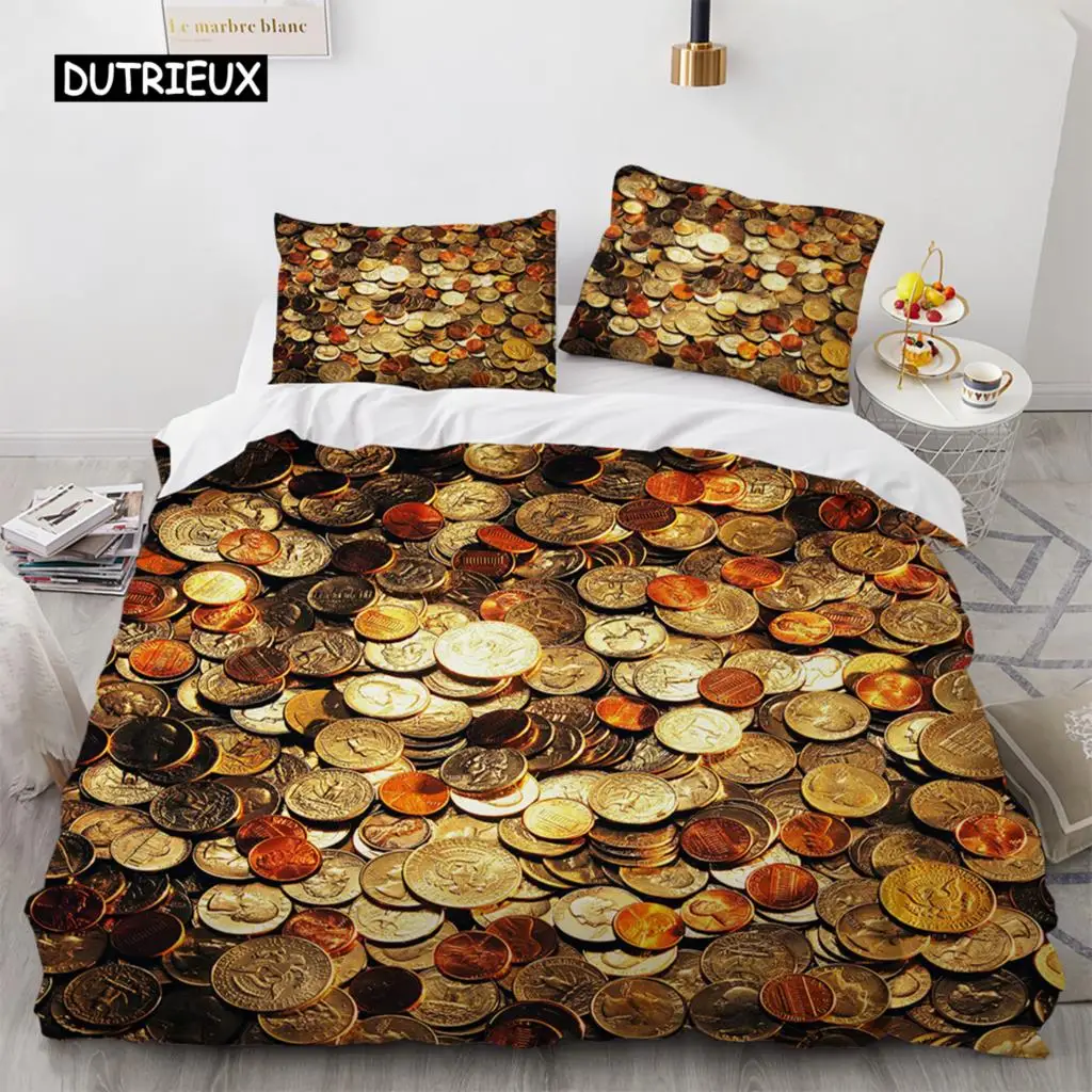 

Money Duvet Cover Set Golden Coins Print Bedding Set Soft Comfortable Double Queen King Size Comforter Cover for Teens Adults