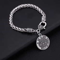 Ancient Hebrew Esoteric Round Pendant Bracelet Charm Pentagram Men Women Antique Silver Plated 20CM Wheat Chain Blessing Jewelry