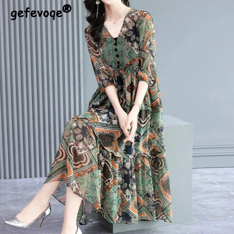 Vintage Elegant Floral Printing Button Chiffon Dresses Summer 2023 Half Sleeve V-Neck Loose Pullover Midi Dress Ladies Clothing