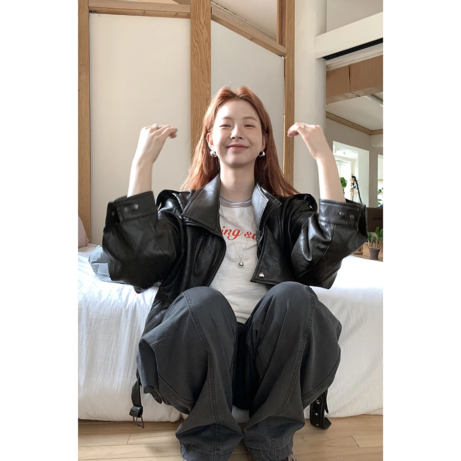 

Heavy Industry Sle Leather Jaet Women's Biker Faion Large Collar Autumn Winter Special Design Sense Hellooo Eat