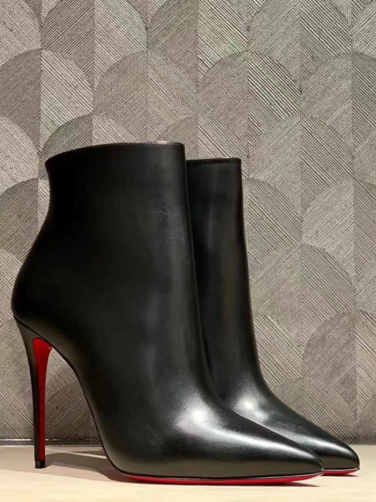 2024 Autumn/Winter New Sheep Pattern Leather Black Pointed Red BottomS Boots Bare Boots Versatile Short Boots Women's Thin Heels