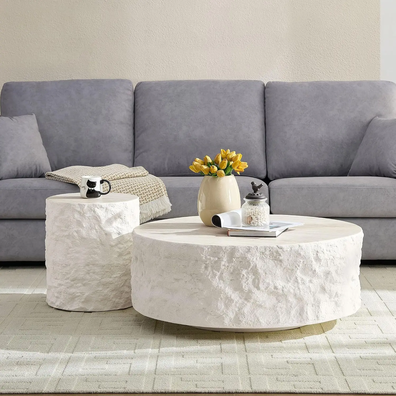 Round Coffee Table Set of 2 for Living Room Modern Drum Center Table Circle Side Tables for Apartment, No Need, Customized