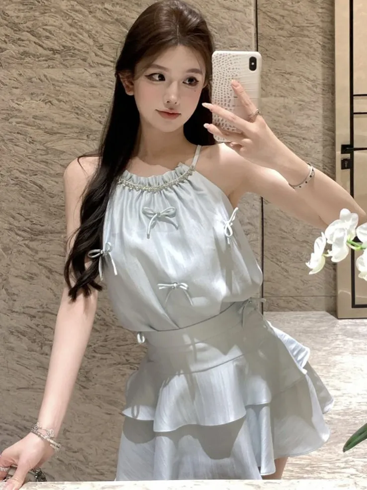 

Синий комплект с жилеткой на бретельках и юбкой с высокой талией, летний модный комплект из двух предметов: юбка-трапеция и топ с круглым вырезом и коротким рукавом