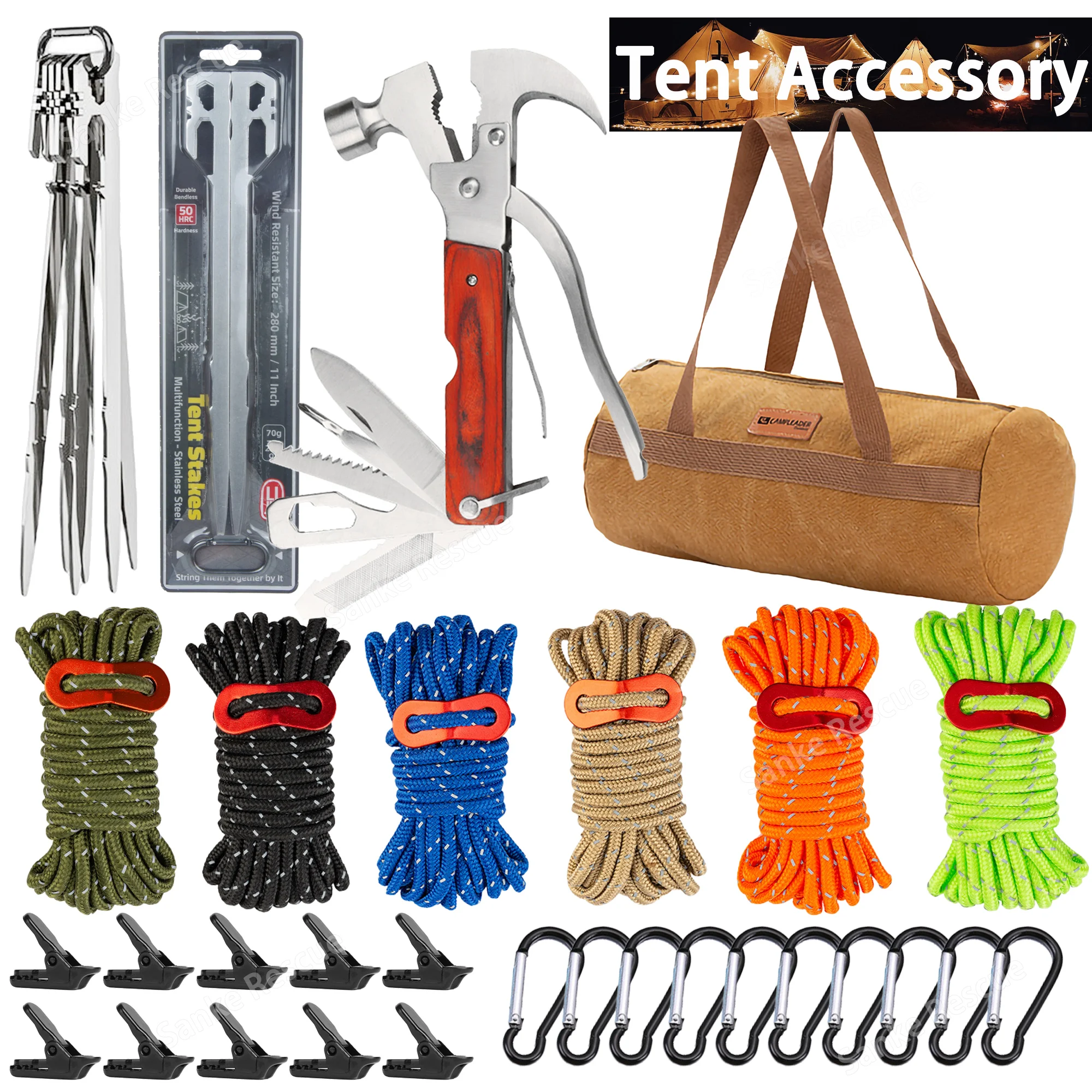 Outdoor Tent Nail Tent Pegs Stake Puller  Heavy Duty Steel Tent Stakes Camping Awning Camping Storage Bag Tarpaulin Clips