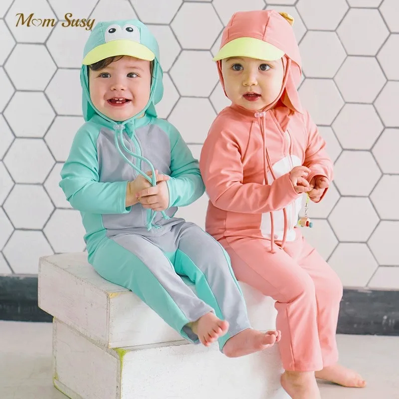 

Baby Girl Boy Long Sleeve Swim Suit Onesie+Cap 2PCS Infant Toddler Child Swimwear Bathing Suit Kid Summer Swimming Clothing 2-7Y