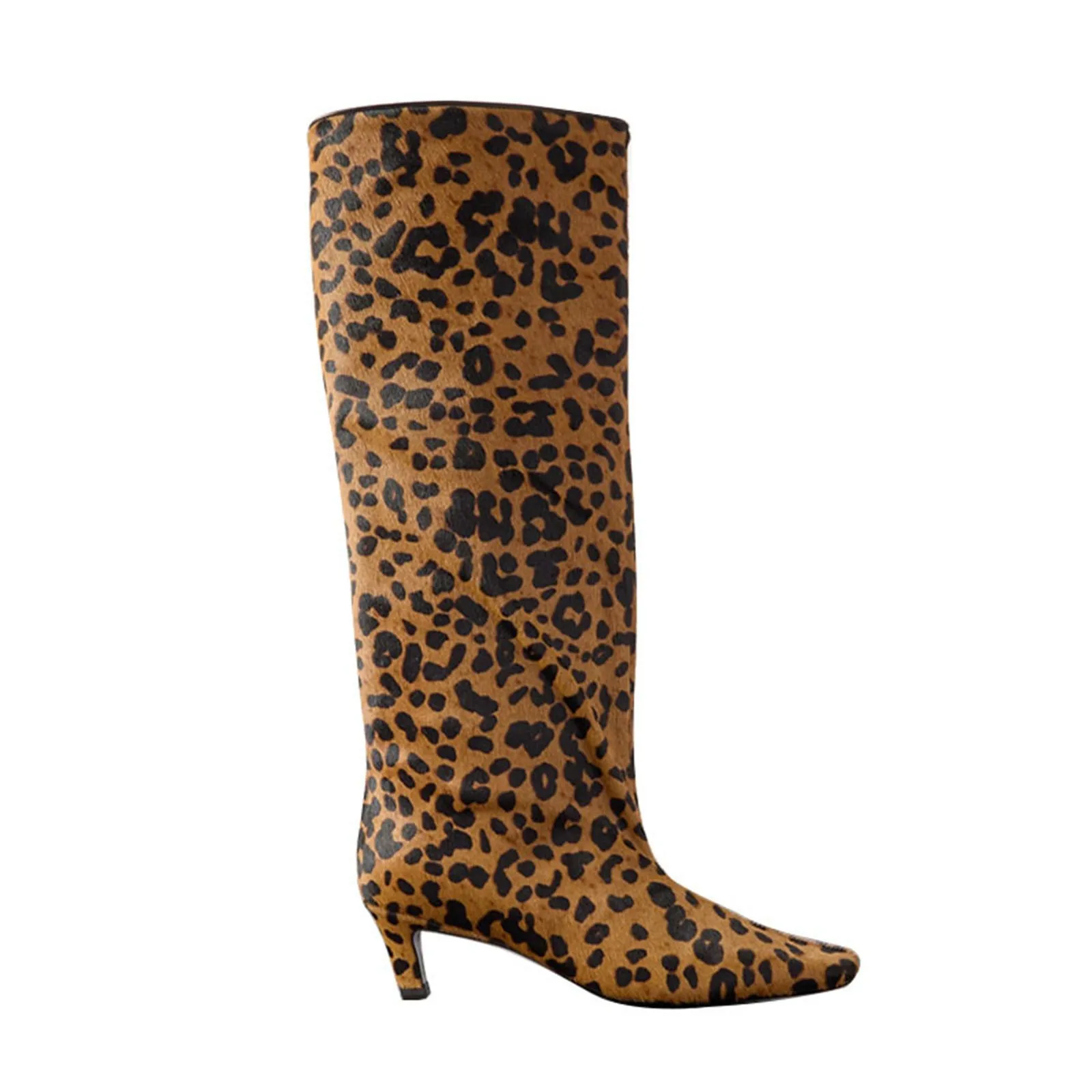 Arden Furtado 2024 Winter Leopard print Knee high boots Square-head Pull-on Middle heel Horsehair Modern boots Large size boots