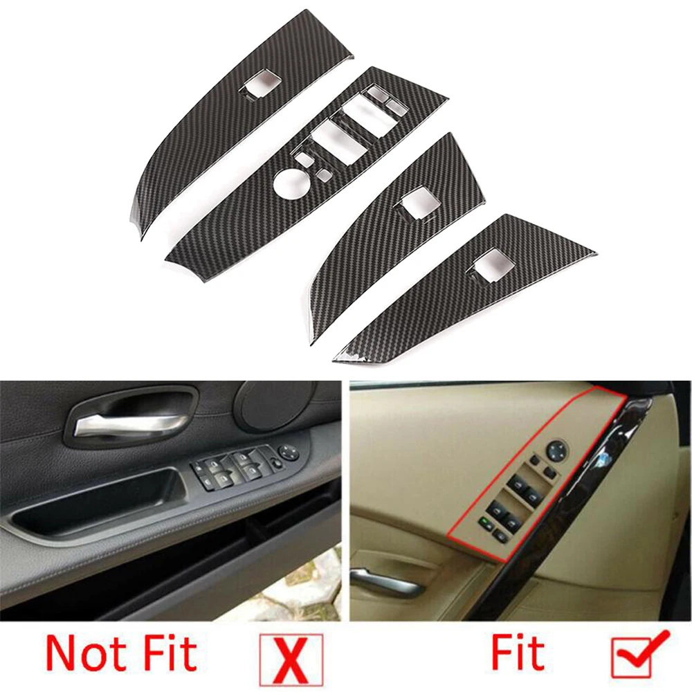 

4Pcs Carbon Fiber ABS Window Lift Switch Button Trim For BMW 5 Series E60 E61 2004-2006 Interior Mouldings Car Accessories